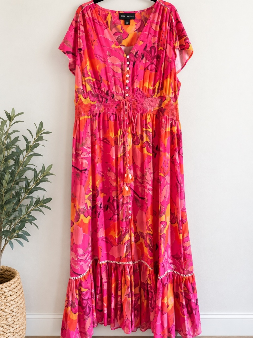 Coco + Carmen XXL Pink Floral Boho Maxi Dress Smocked Waist